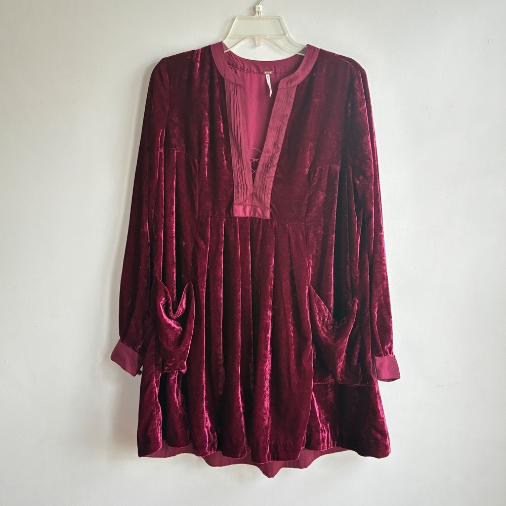 Free People Velvet Mini Dress Women XS Burgundy Boho Grunge Festival Whimsigoth